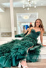 Load image into Gallery viewer, A Line Dark Green Spaghetti Straps Tiered Prom Dress