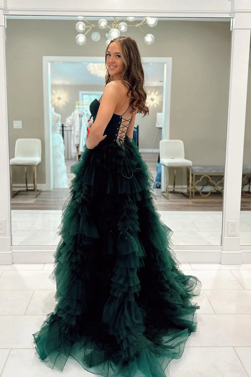 Load image into Gallery viewer, A Line Dark Green Spaghetti Straps Tiered Prom Dress