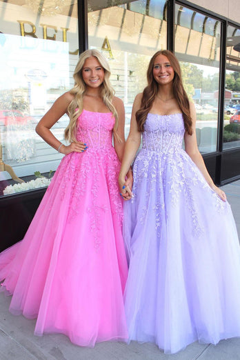 A Line Strapless Tulle Long Prom Dress With Appliques