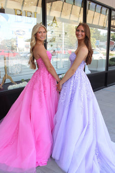 A Line Strapless Tulle Long Prom Dress With Appliques