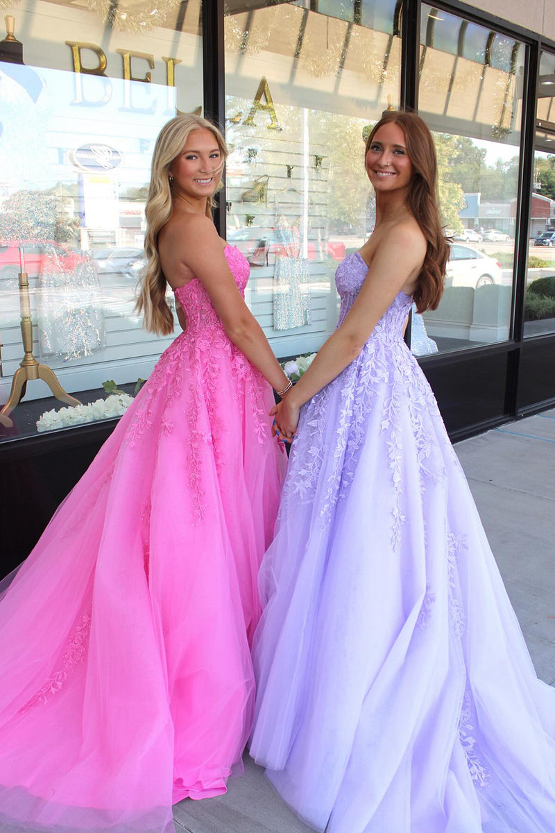 Load image into Gallery viewer, A Line Strapless Tulle Long Prom Dress With Appliques