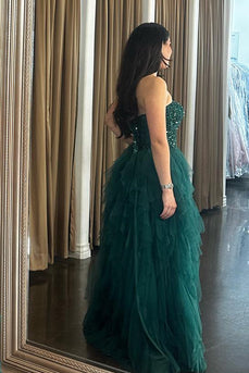 A Line Dark Green Sweetheart Tiered Long Prom Dress With Beading