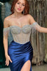 Load image into Gallery viewer, Sparkly Navy Beaded Long Prom Dress with Fringes