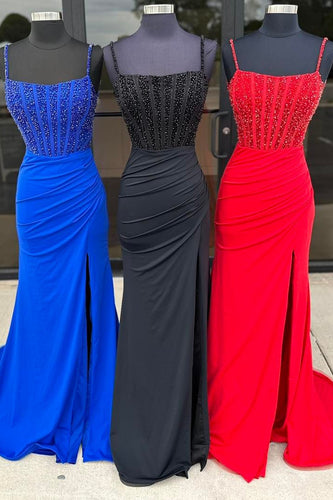 Sparkly Black Corset Beaded Long Prom Dress with Slit