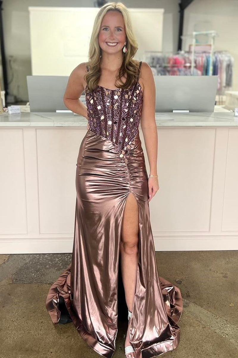 Load image into Gallery viewer, Sparkly Copper Corset Beaded Long Prom Dress with Slit