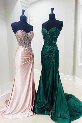 Sparkly Blush Corset Mermaid Long Prom Dress with Slit