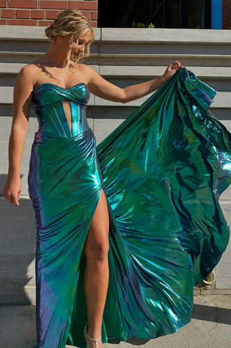 Chameleon Dark Green Corset Long Prom Dress with Slit