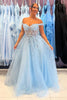 Load image into Gallery viewer, Sparkly Sky Blue Corset Off The Shoulder Long Prom Dress