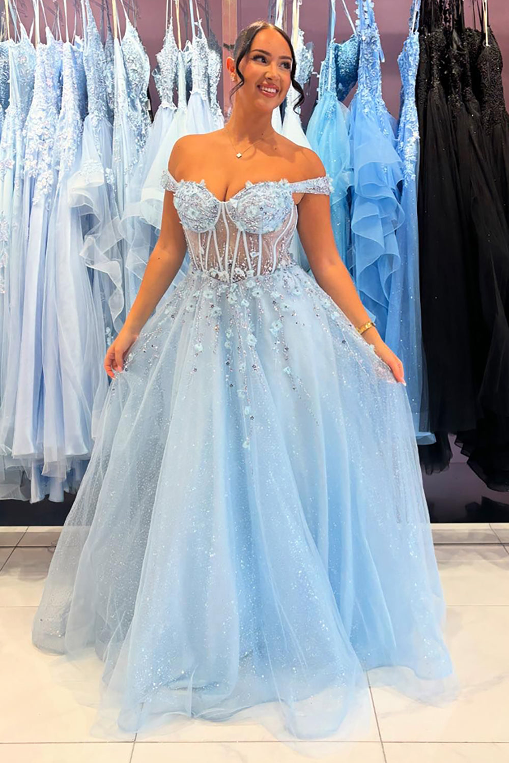 Sparkly Sky Blue Corset Off The Shoulder Long Prom Dress