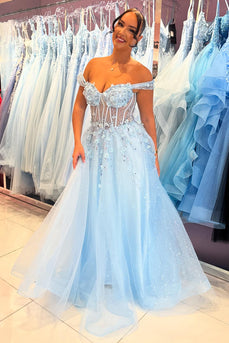 Sparkly Sky Blue Corset Off The Shoulder Long Prom Dress