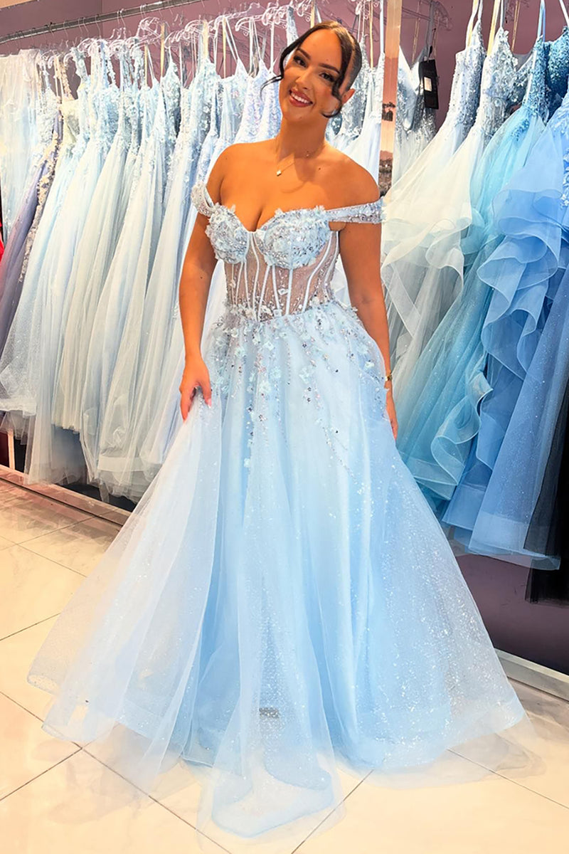 Load image into Gallery viewer, Sparkly Sky Blue Corset Off The Shoulder Long Prom Dress