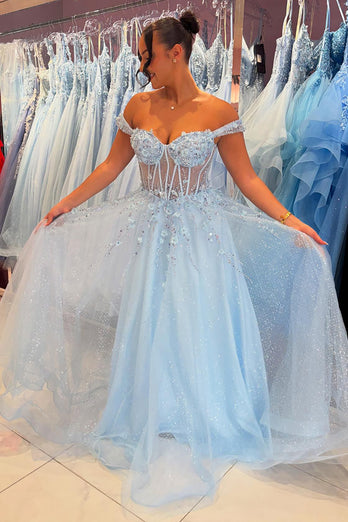 Sparkly Sky Blue Corset Off The Shoulder Long Prom Dress