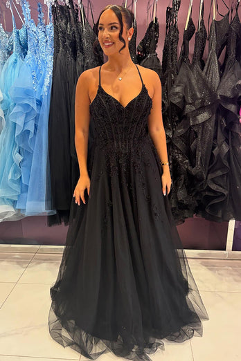 Sparkly Black A Line Corset Long Prom Dress