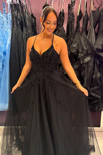 Sparkly Black A Line Corset Long Prom Dress