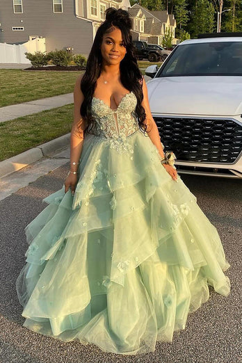 Princess Sage Corset A Line Long Prom Dress with Appliques