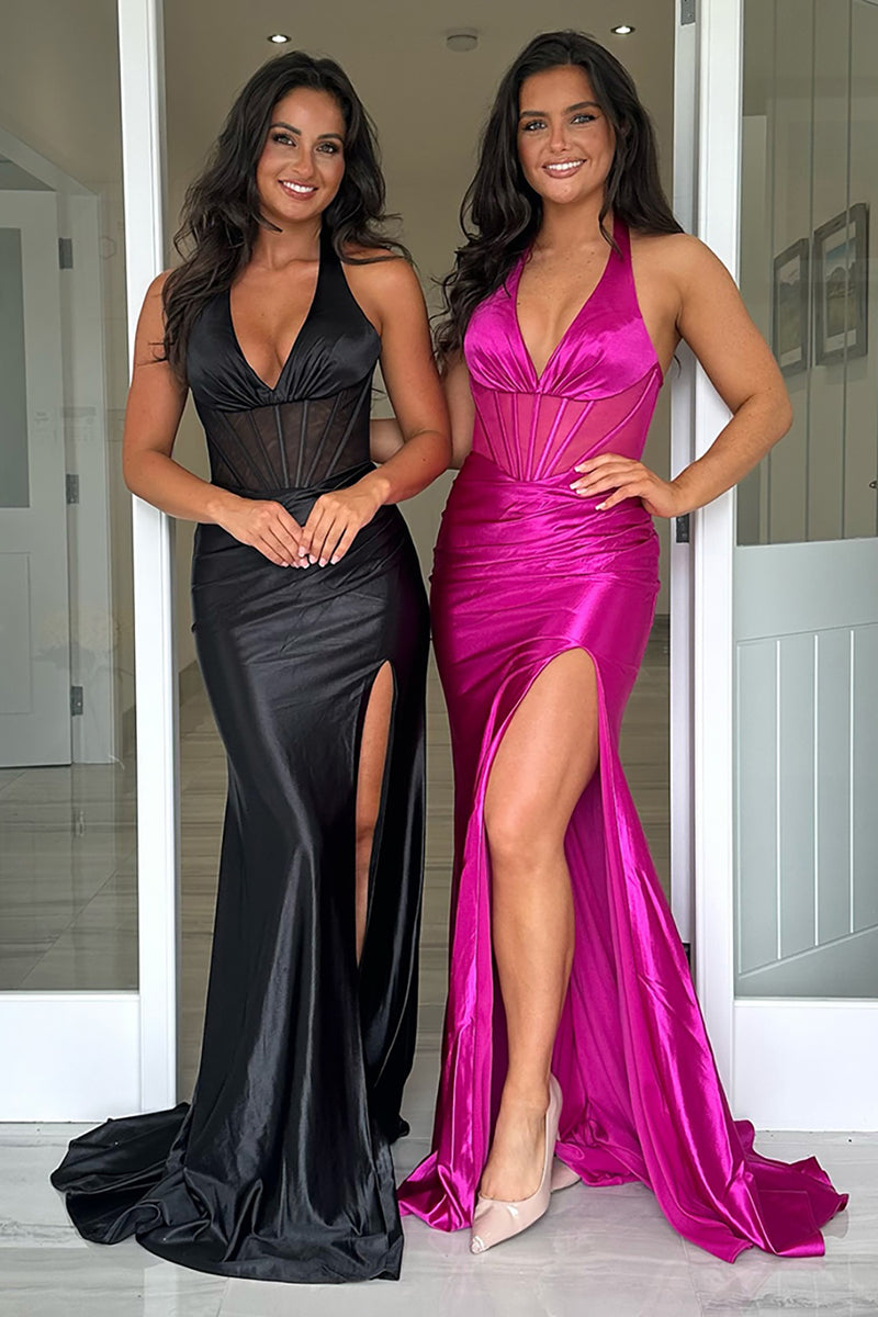 Load image into Gallery viewer, Black Corset V-Neck Halter Long Prom Dress with Slit