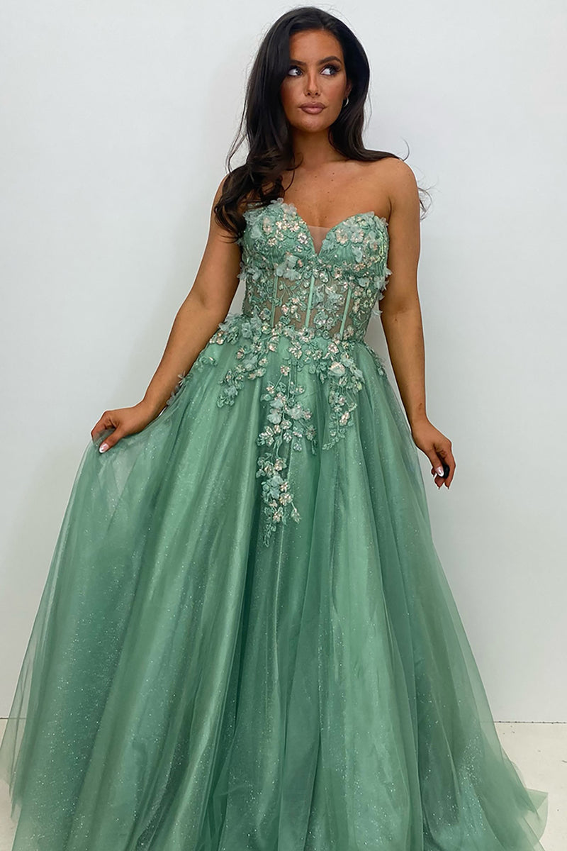 Load image into Gallery viewer, Sparkly Sage Corset Strapless Long Prom Dress with Appliques