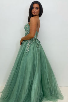 Sparkly Sage Corset Strapless Long Prom Dress with Appliques