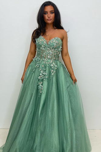 Sparkly Sage Corset Strapless Long Prom Dress with Appliques