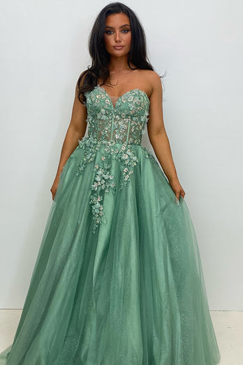 Sparkly Sage Corset Strapless Long Prom Dress with Appliques