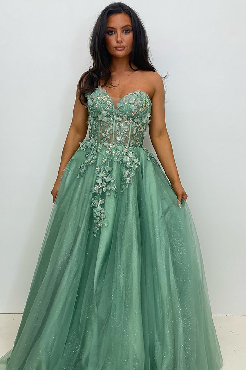 Load image into Gallery viewer, Sparkly Sage Corset Strapless Long Prom Dress with Appliques