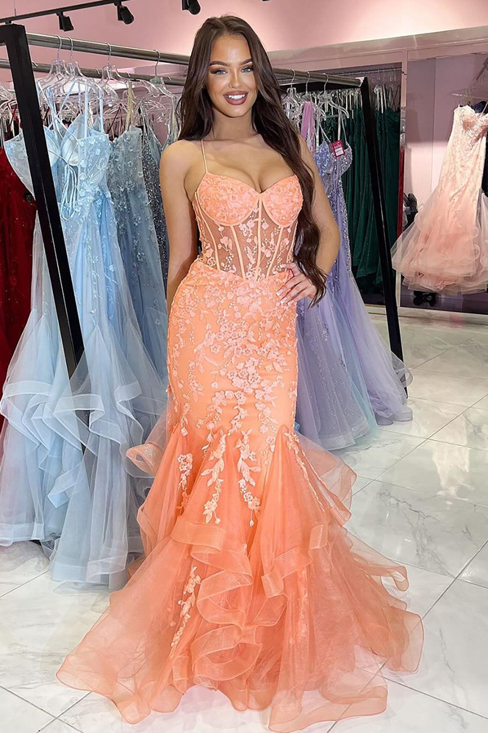 Sparkly Orange Corset Mermaid Long Prom Dress with Appliques