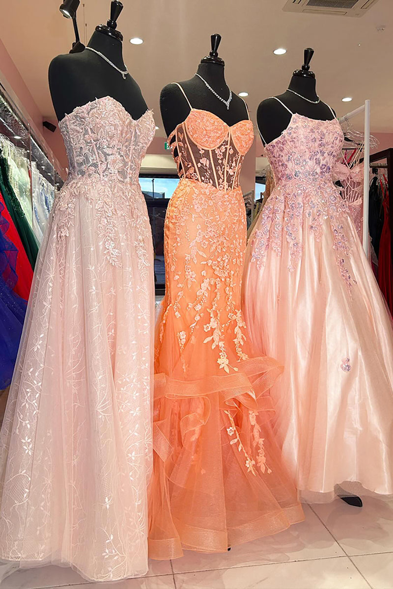 Load image into Gallery viewer, Sparkly Orange Corset Mermaid Long Prom Dress with Appliques