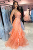 Load image into Gallery viewer, Sparkly Orange Corset Mermaid Long Prom Dress with Appliques