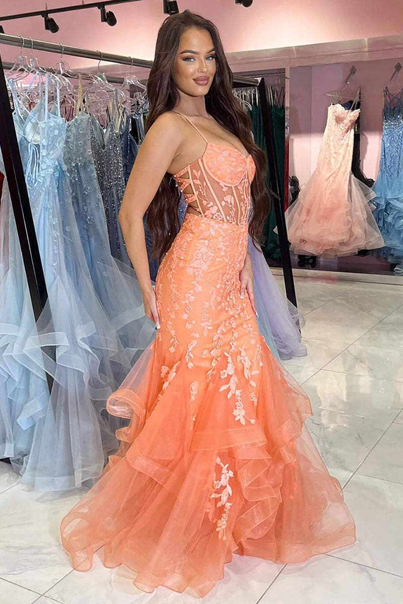 Load image into Gallery viewer, Sparkly Orange Corset Mermaid Long Prom Dress with Appliques