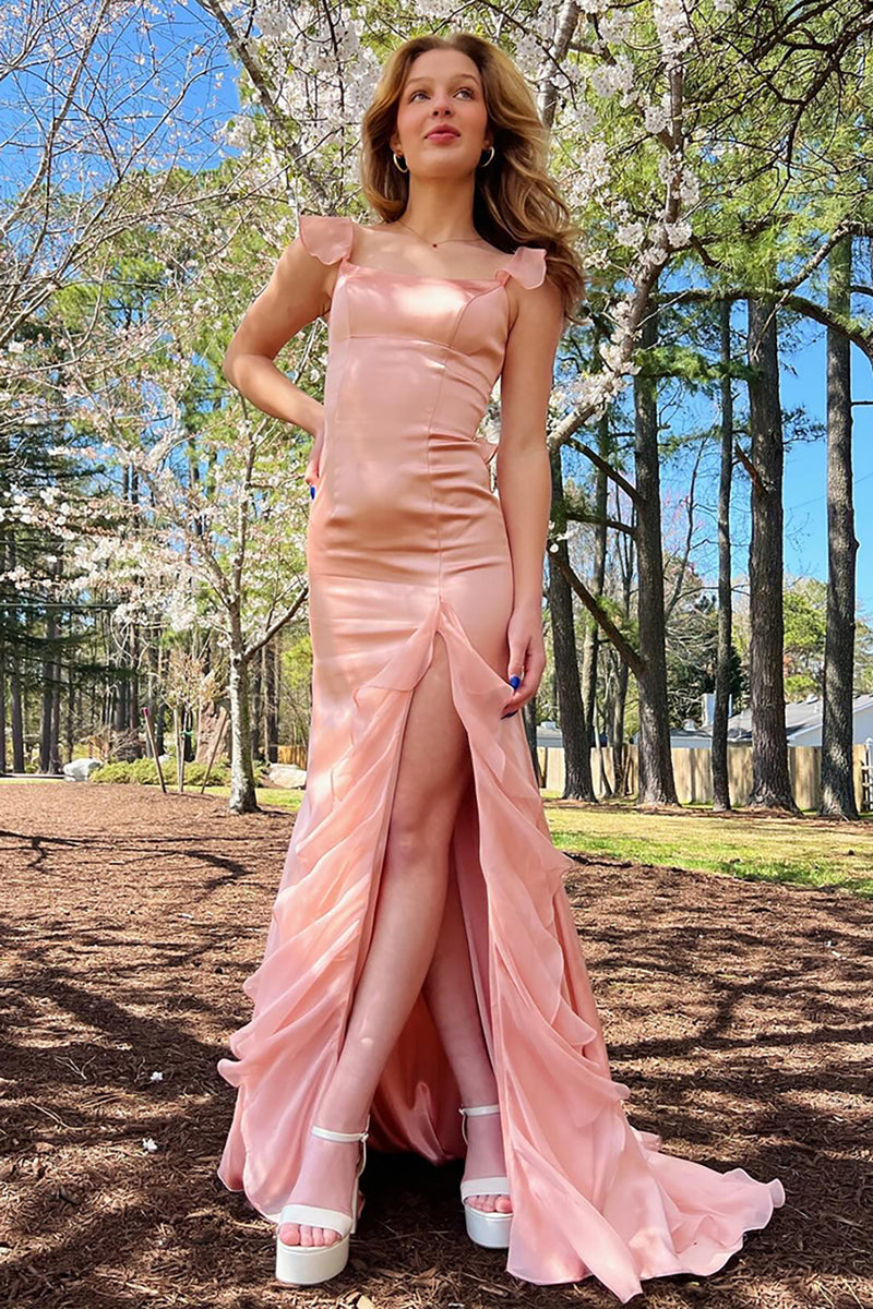 Load image into Gallery viewer, Blush Ruffled Chiffon Long Prom Dress with Slit