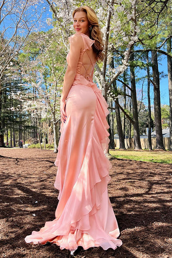 Blush Ruffled Chiffon Long Prom Dress with Slit