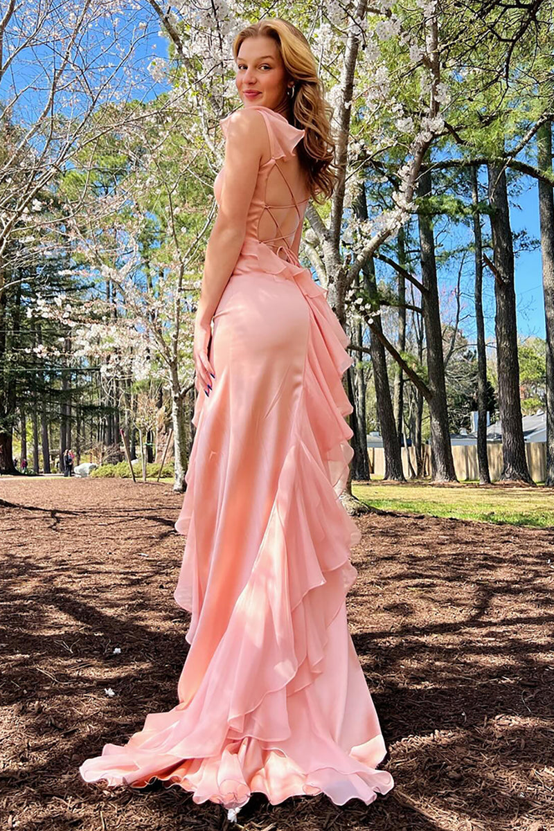 Load image into Gallery viewer, Blush Ruffled Chiffon Long Prom Dress with Slit