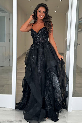 Sparkly Black Tiered Corset Long Prom Dress with Lace Up