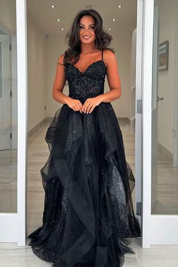 Sparkly Black Tiered Corset Long Prom Dress with Lace Up