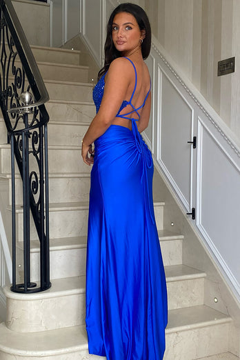 Sparkly Royal Blue Appliqued Long Prom Dress with Slit