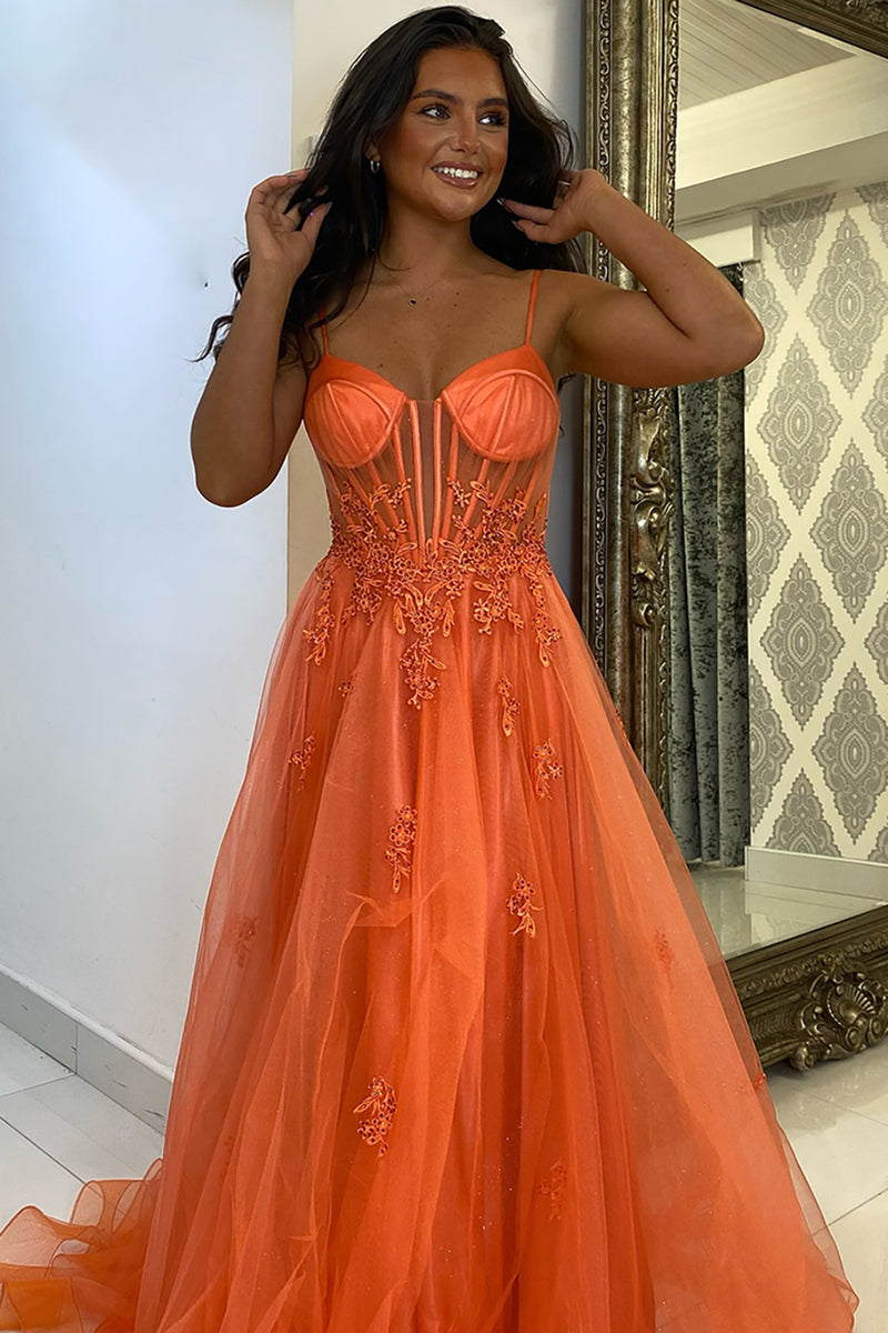 Load image into Gallery viewer, Sparkly Orange Corset Tulle Long Prom Dress with Appliques