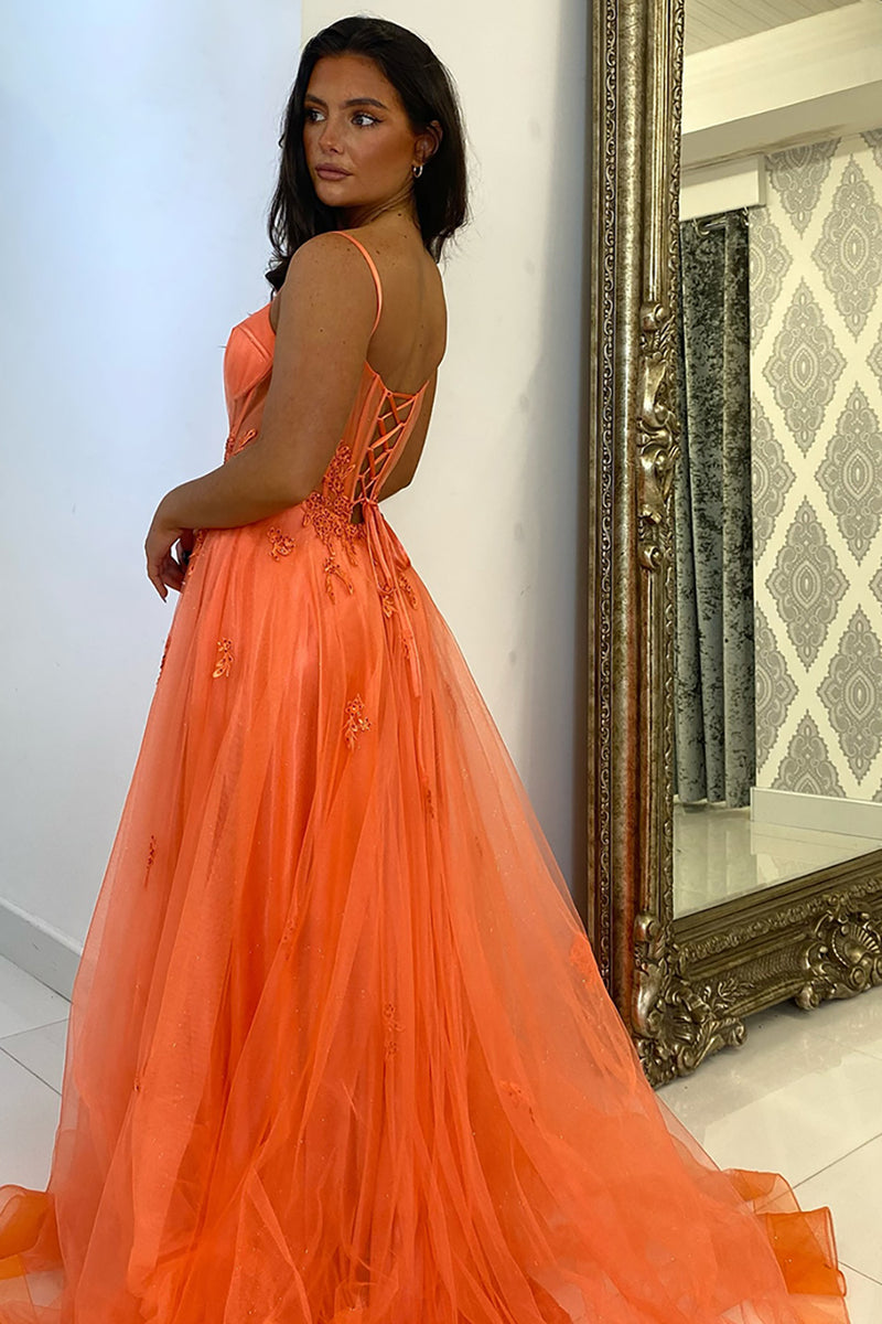 Load image into Gallery viewer, Sparkly Orange Corset Tulle Long Prom Dress with Appliques