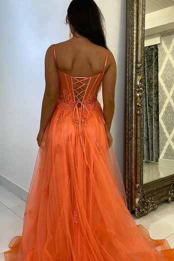 Sparkly Orange Corset Tulle Long Prom Dress with Appliques