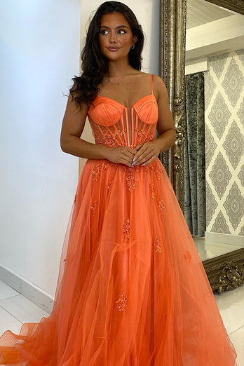 Sparkly Orange Corset Tulle Long Prom Dress with Appliques