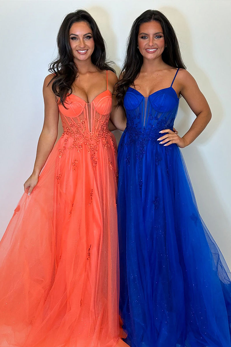 Load image into Gallery viewer, Sparkly Orange Corset Tulle Long Prom Dress with Appliques