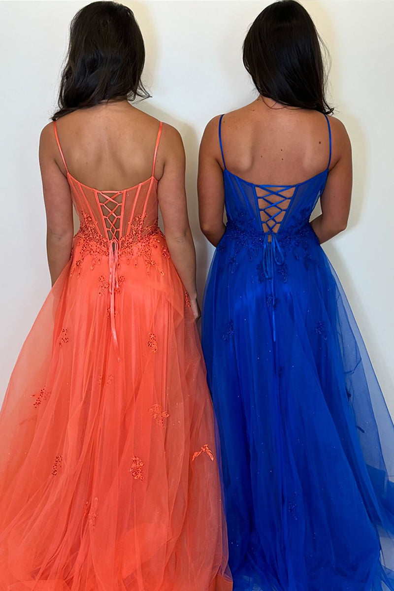 Load image into Gallery viewer, Sparkly Orange Corset Tulle Long Prom Dress with Appliques