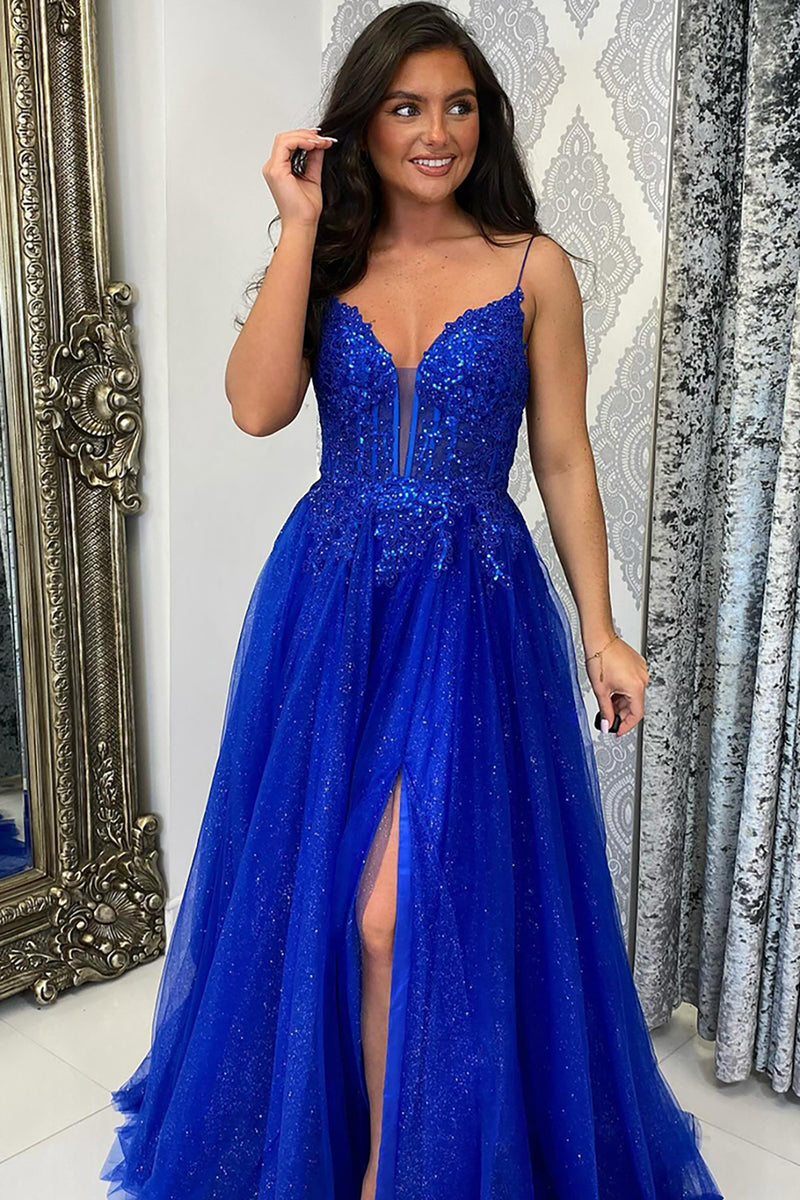 Load image into Gallery viewer, Sparkly Royal Blue Corset Appliqued Long Prom Dress with Slit