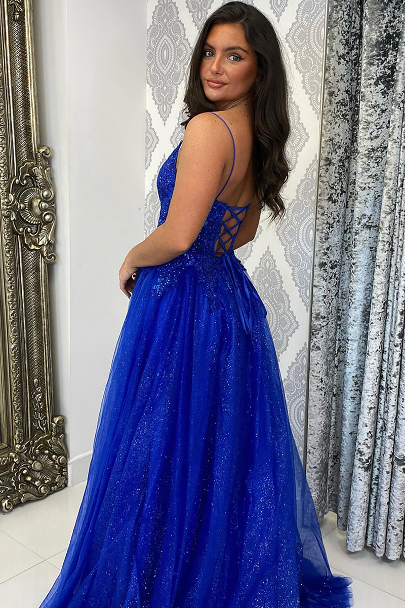 Load image into Gallery viewer, Sparkly Royal Blue Corset Appliqued Long Prom Dress with Slit