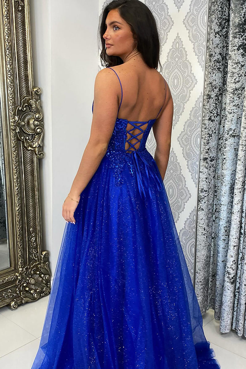 Load image into Gallery viewer, Sparkly Royal Blue Corset Appliqued Long Prom Dress with Slit