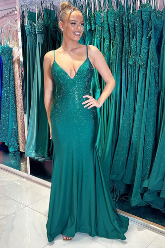 Sparkly Dark Green Beaded V-Neck Long Prom Dress