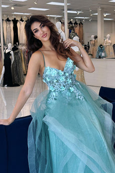 Sparkly Blue Corset A Line Long Prom Dress with Appliqued