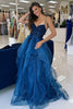 Load image into Gallery viewer, Sparkly Blue Corset A Line Long Prom Dress with Appliqued