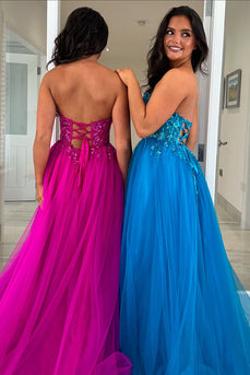 Sparkly Blue Corset A Line Long Prom Dress with Appliques