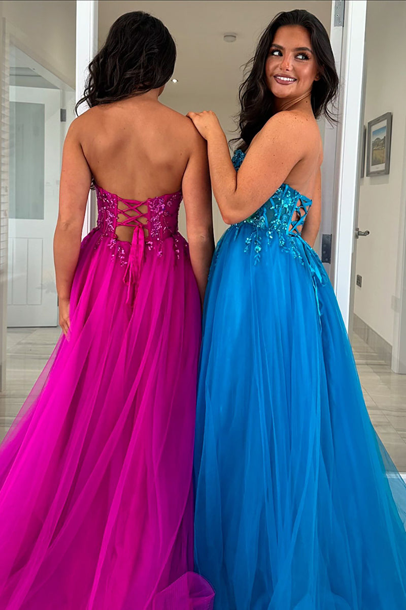 Load image into Gallery viewer, Sparkly Blue Corset A Line Long Prom Dress with Appliques