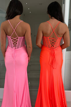 Sparkly Orange Corset Beaded Long Prom Dress with Slit